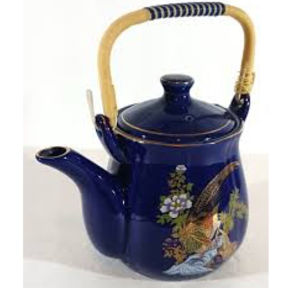 Other - Vintage Asian Taiwan Blue Peacock Pheasant Bird Ceramic Teapot Bamboo Handle